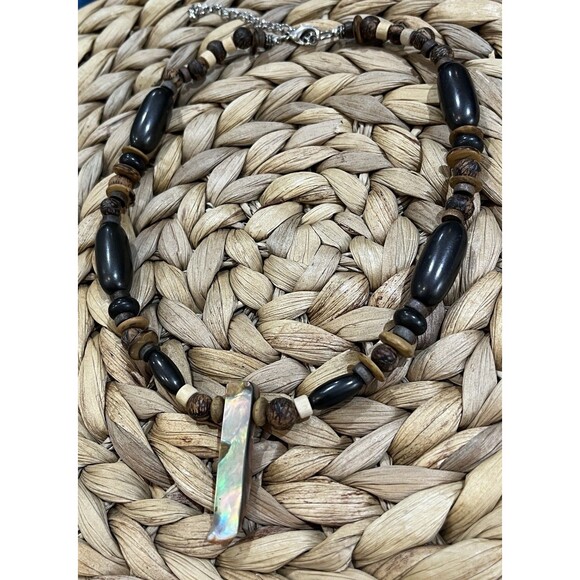 Paua Shell & Calcite Reversible Pendant W/ Wooden Beads Necklace Boho Tribal - Picture 4 of 9